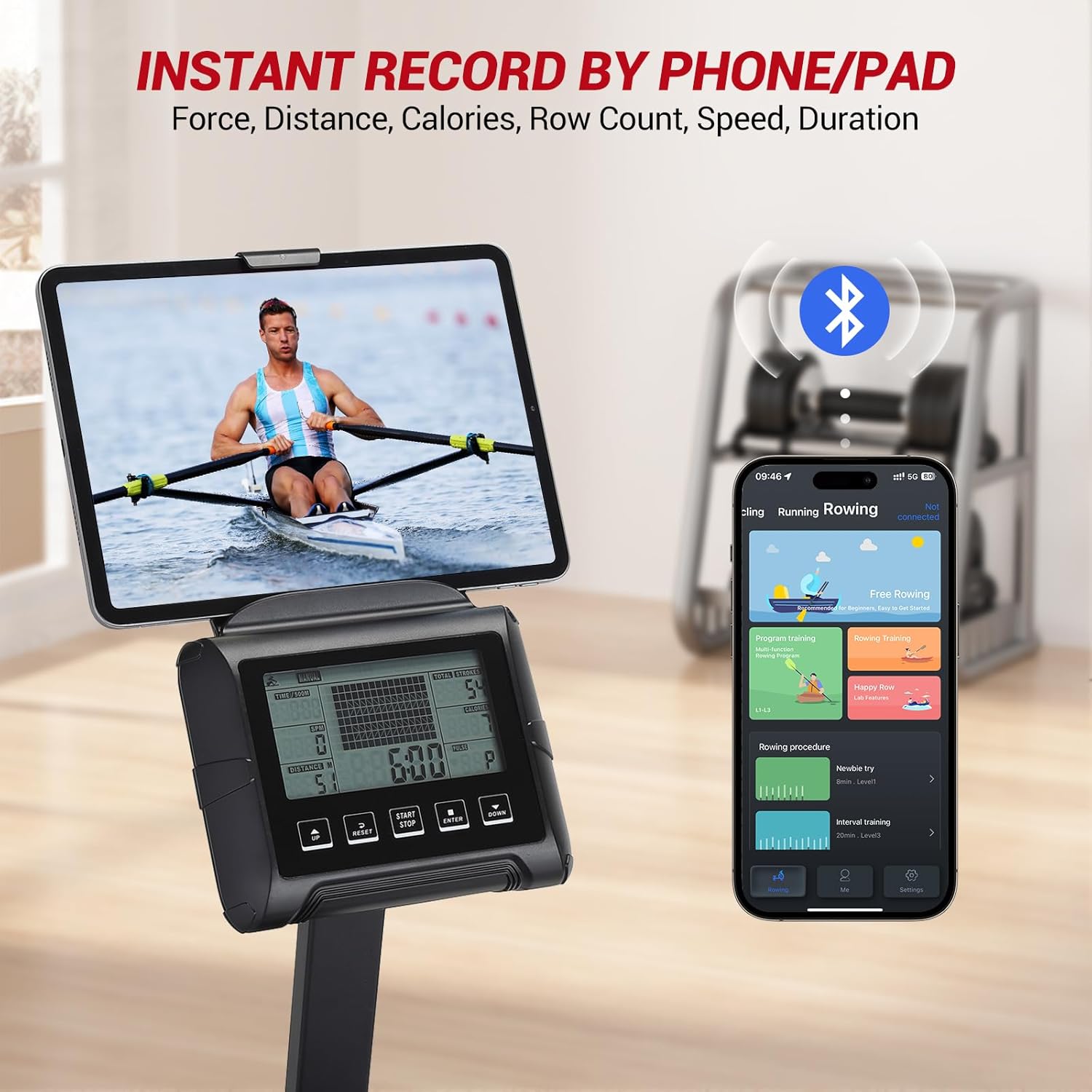 Garveelife Water Rowing Machines for Home, 380 LBS Capacity Rower Machine with Digital Monitor, Wide Ergonomic Seating and Tablet Holder, App Compatible