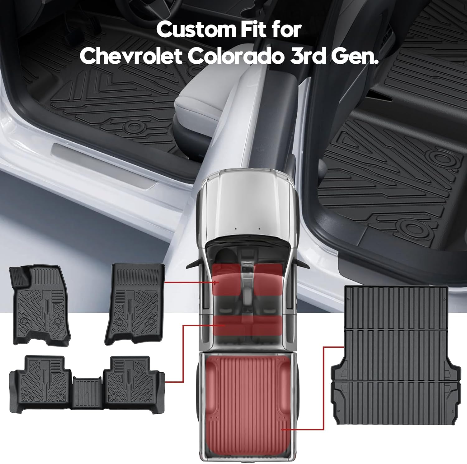 T TGBROS for Chevrolet Colorado Floor Mats 2023-2025 2026 All Weather Bed Mat Floor Liners for Chevy Colorado/GMC Canyon Crew Cab Accessories 5FT Trunk Bed Liner TPE Car Mats Set Non-Slip TPE Black