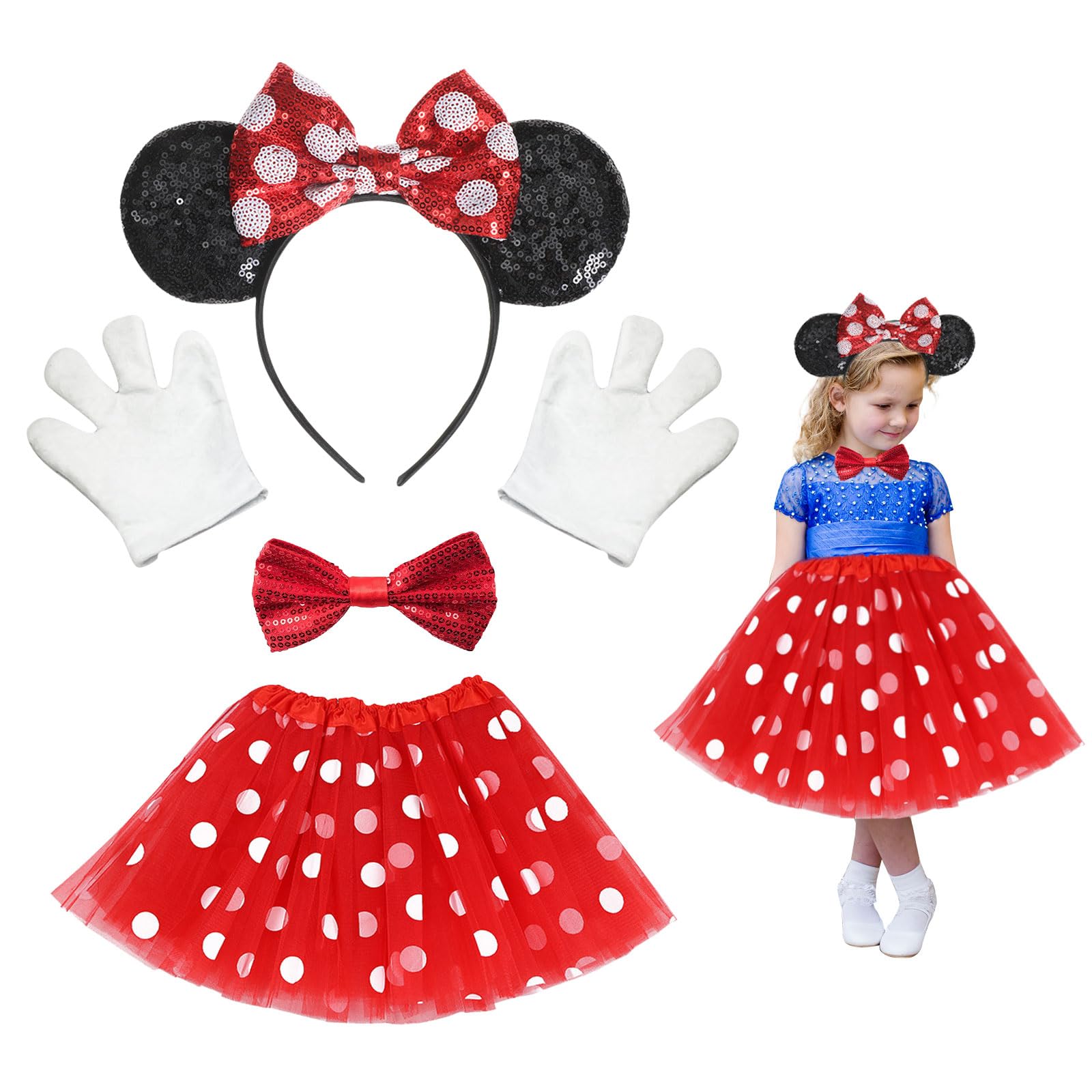 EUPSIIU Disfraz de Mouse para Niña, Disfraz de Ratón Carnaval con Orejas de Ratón Brillante Lazo de Rojo Punteado Princesa Tutú Cumpleaños Mouse Diademas para Fiestas Disfraces Halloween