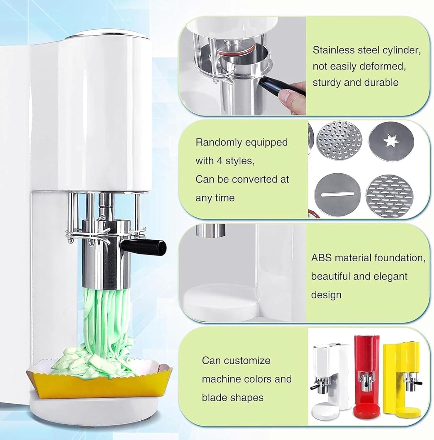 Commercial Ice Cream Machine - Electric Spaghetti Ice Cream Maker with 4 Removable Molds, One-Touch Start, Stainless Steel & ABS Material, Compact Design for Café, Bakery, Home Use Red