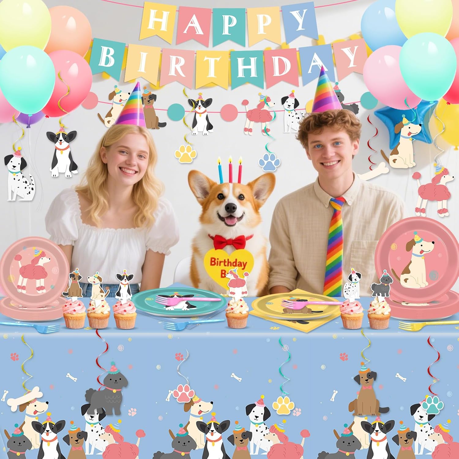 Pet Dog Birthday Party Decorations Retro Puppy Paper Plates Napkins Tablecloth Vintage Dog Happy Birthday Banner Hanging Swirls Cupcake Toppers Balloons for Kids Birthday Baby Shower Supplies