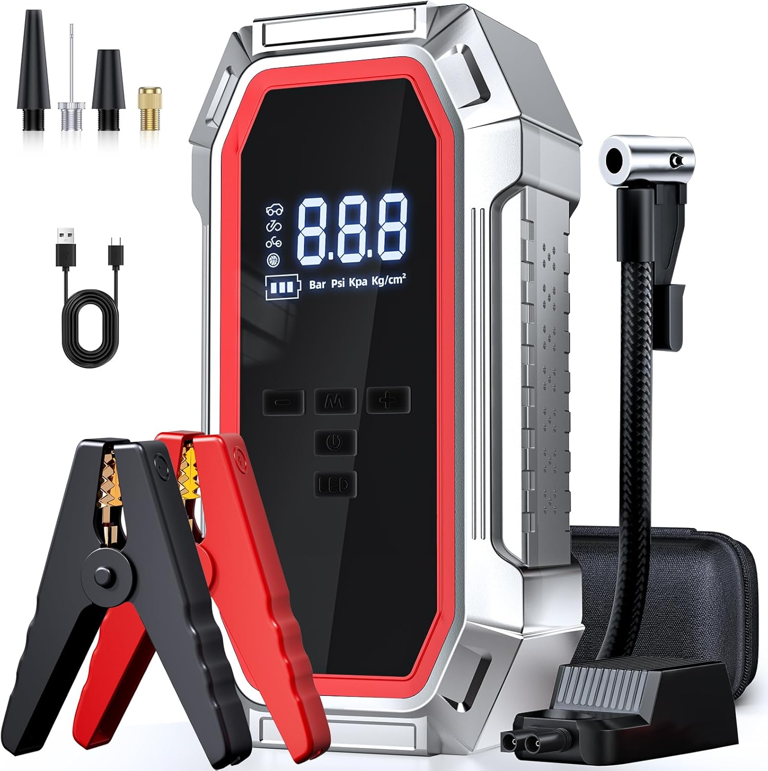 Jump Starter with Air Compressor, 5000A Peak Car Battery Jump Starter(9.0 Gas/8.0L Diesel), 160PSI 12V Jump Box Car Battery Jumper Starter Portable with Jumper Cables, LED Lights, LCD Display Red