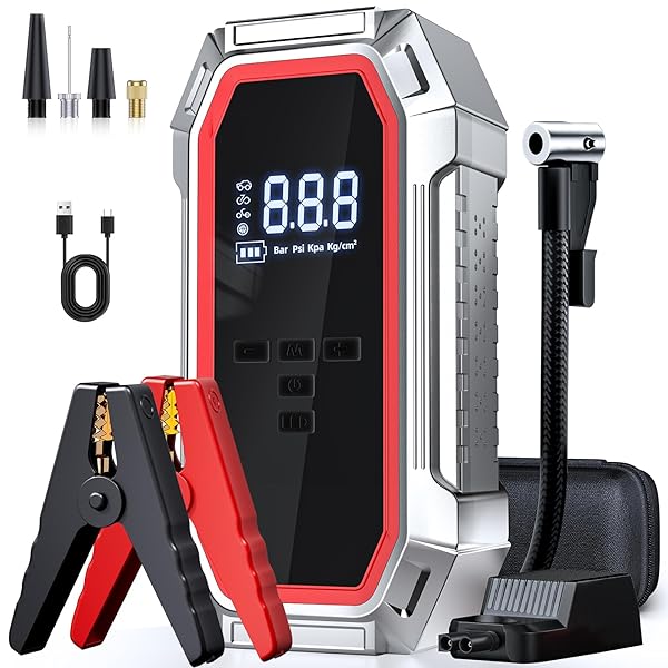 Jump Starter with Air Compressor, 5000A Peak Car Battery Jump Starter(9.0 Gas/8.0L Diesel), 160PSI 12V Jump Box Car Battery Jumper Starter Portable with Smart Jumper Cables, LED Lights, LCD Display