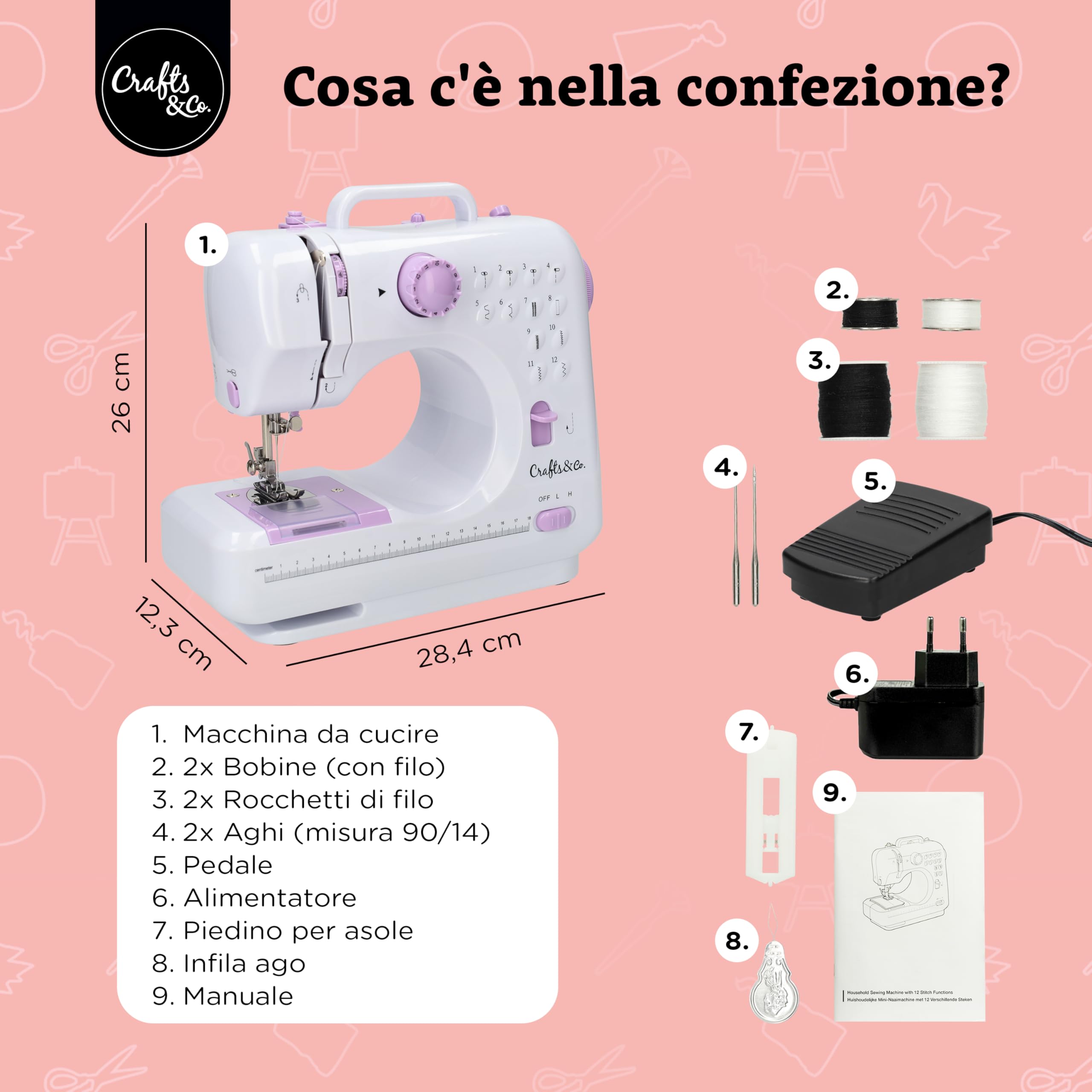 Crafts&Co® Macchina da cucire Principiante | Mini Macchina da cucire con 12 punti incorporati | Macchina da ricamo elettrica Overlock | Funziona a batteria o tramite adattatore | Bianco-viola