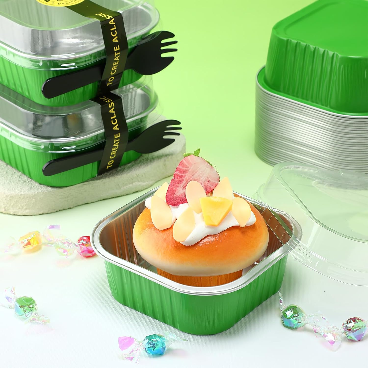 Sliner 100 Pcs 10 oz Mini Cake Pans with Lids Aluminum Foil Disposable Baking Loaf Tins, Spoon, Stickers, Square Cupcake Container for Muffin Ramekins Brownie Wedding Birthday Party(Green)