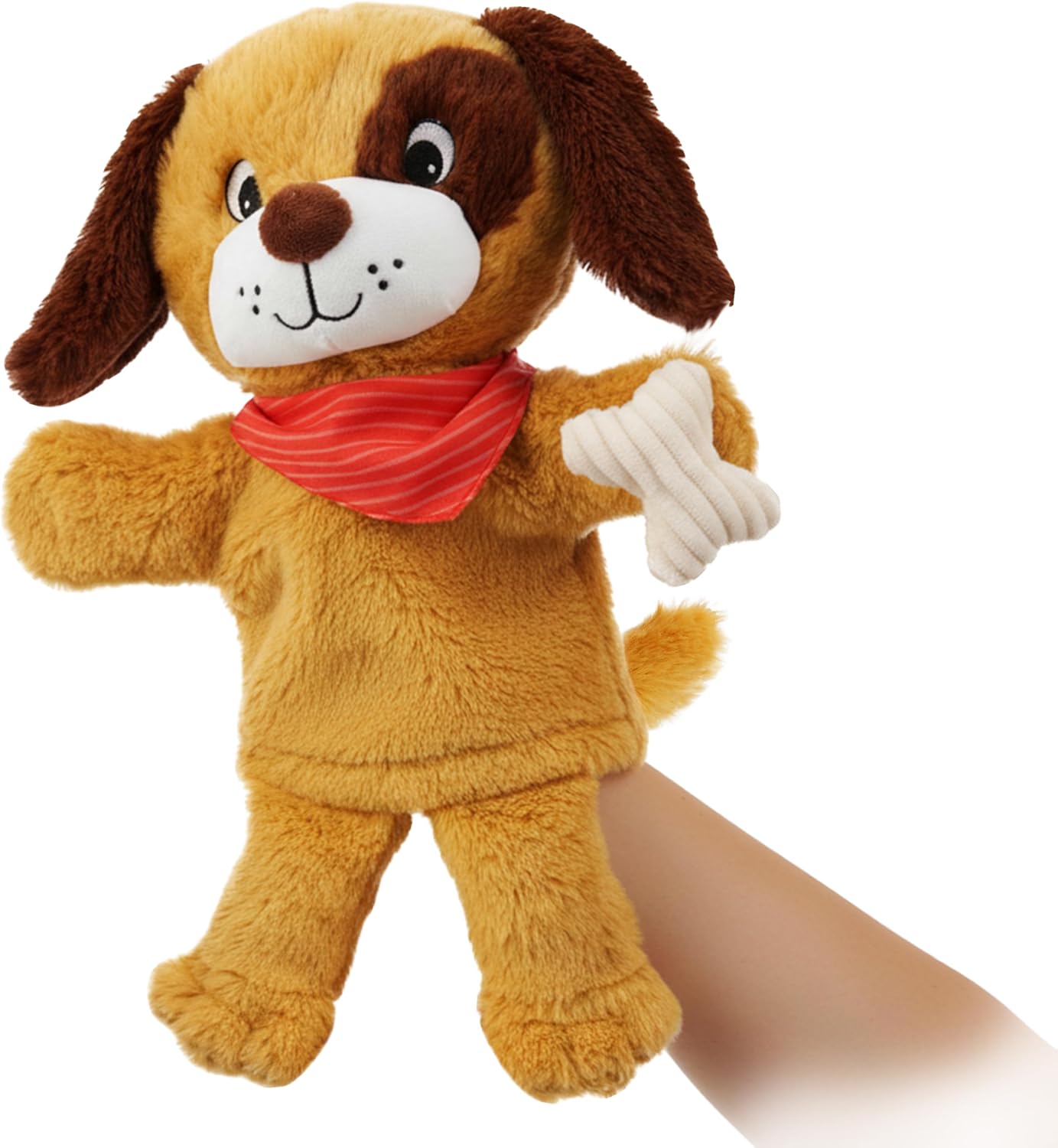 June Garden Plush Dog Hand Puppet – Soft Storytelling Toy with Red Bandana & Bone – Educational Pretend Play for Toddlers and Kids