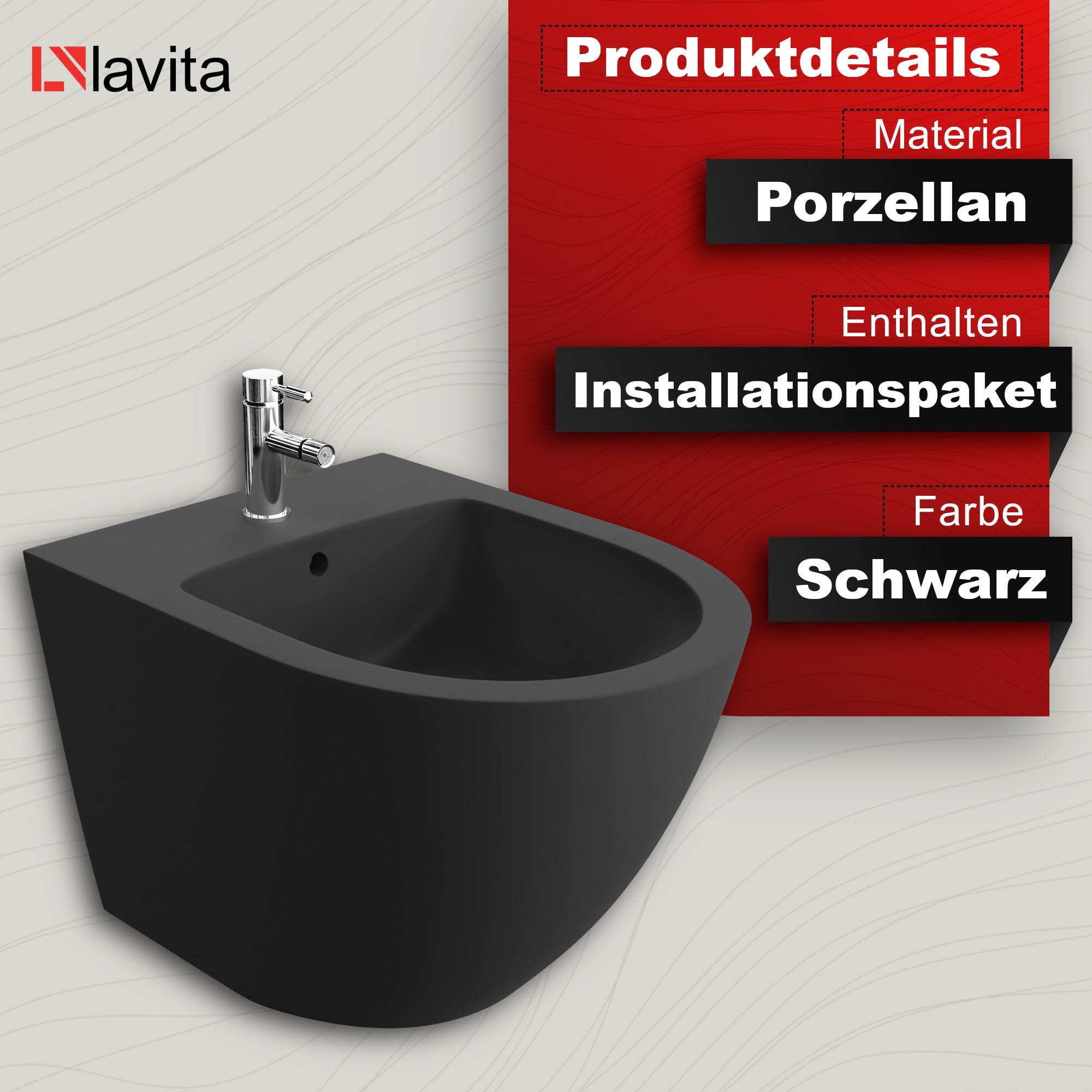 LAVITA Bidé universal de pared con orificio para grifo y protección contra desbordamiento de cerámica, 35,5 x 51 x 34 cm, lavabo para montaje en pared, color negro