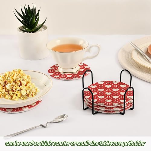 Miniatura 6 de innewgogo Valentine's Day Red Herat 6 Pcs Absorbent Drink Coasters for Tabletop Protection Handmade Round Woven Coaster with Holder & Heat Water