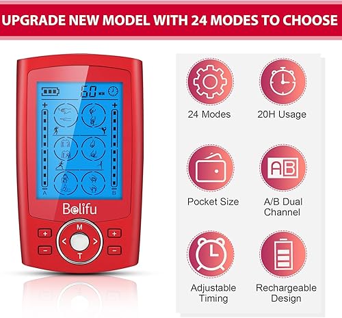 Miniatura 4 de Belifu Unidad TENS EMS de doble canal, 24 modos, estimulador muscular para terapia de alivio del dolor, masajeador electrónico de pulso con 10