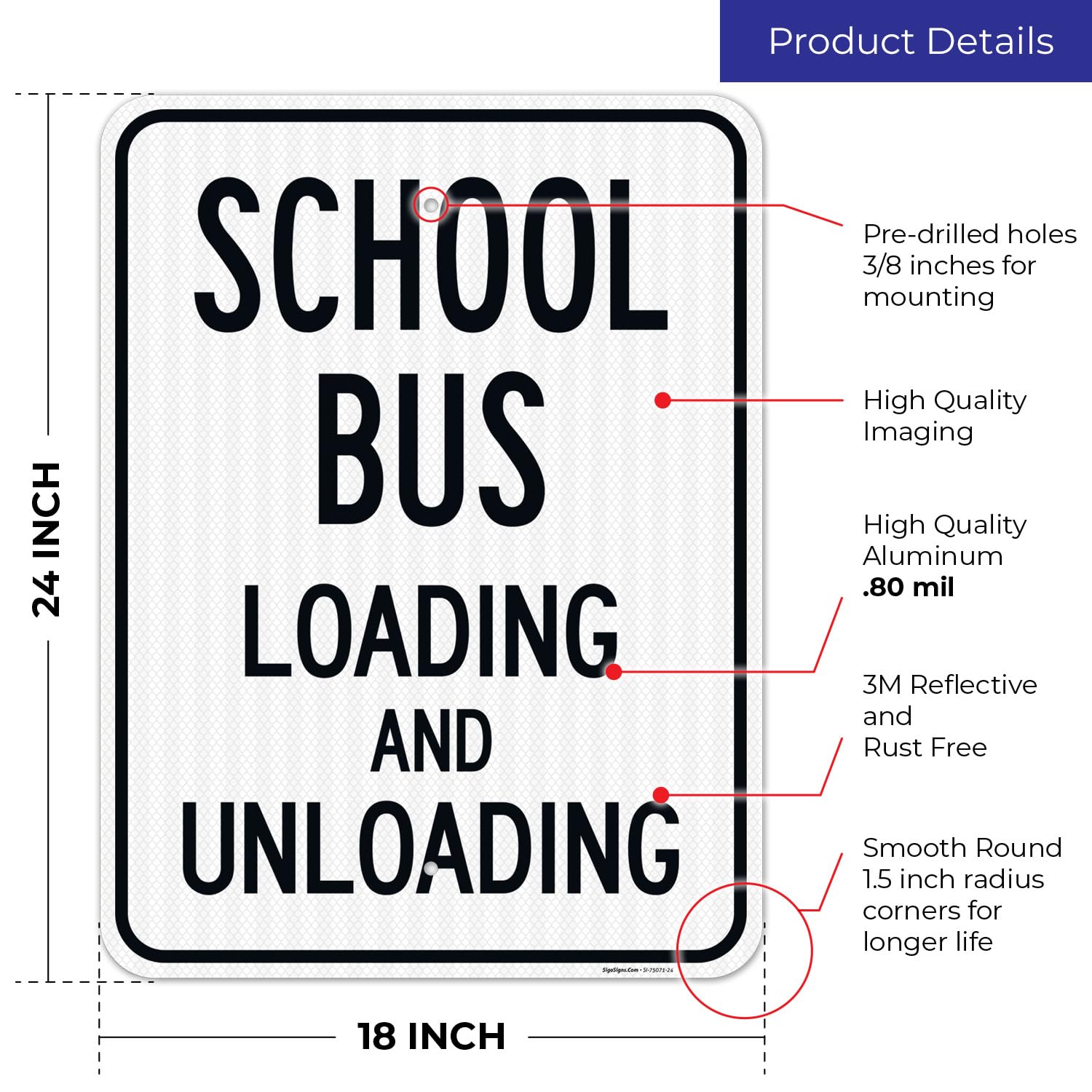 School Bus Loading and Unloading Sign, 18x24 Inches, 3M EGP Reflective with Post & Cast Iron Base Stand Set Made in USA by Sigo Signs