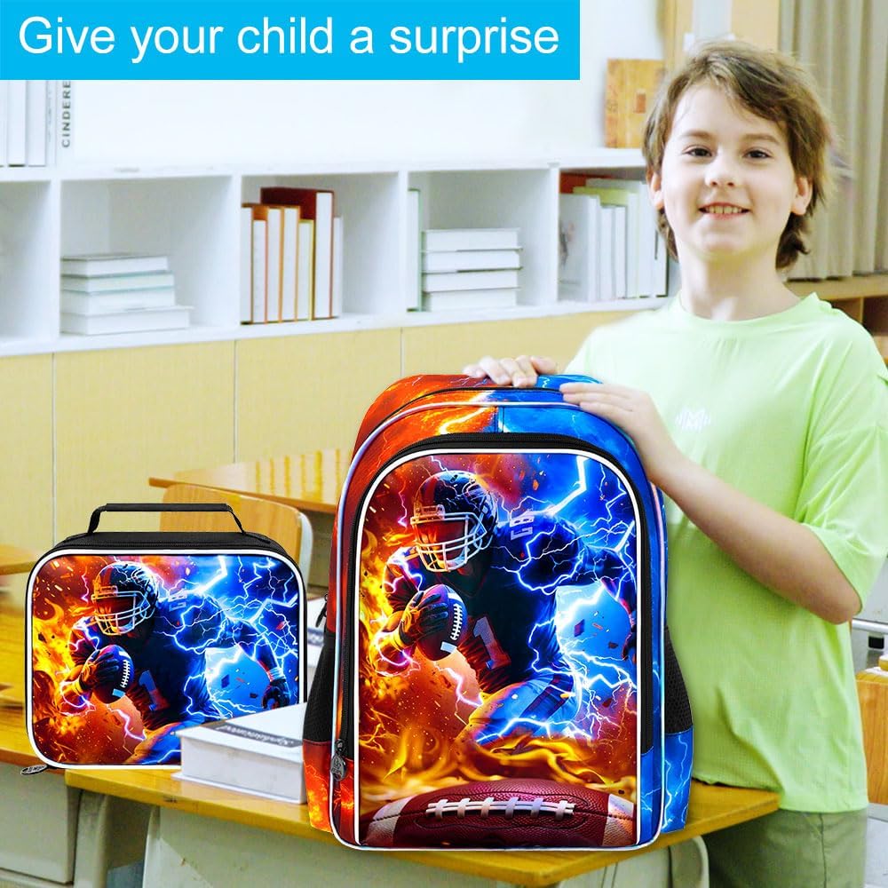 gxtvo 3PCS Rugby School Backpack for Boys, 17" Kids Bookbag with Lunch Box, Water Resistant Middle Elementary - Fire & Lightning Rugby Player - Image 7