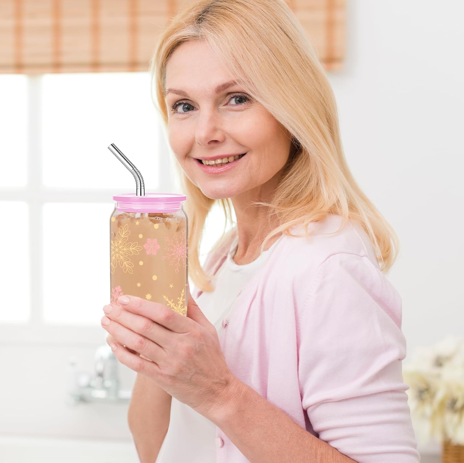 Kihraw Snowflake Glasses Cups Winter Stemless Drinking Glasses Snowflake Glass Holiday Tumbler Cups Gifts for Winter Xmas Coffee Tea Party Supplies Iced Coffee Cup with 2 Straw Cleaning Brush - Image 6