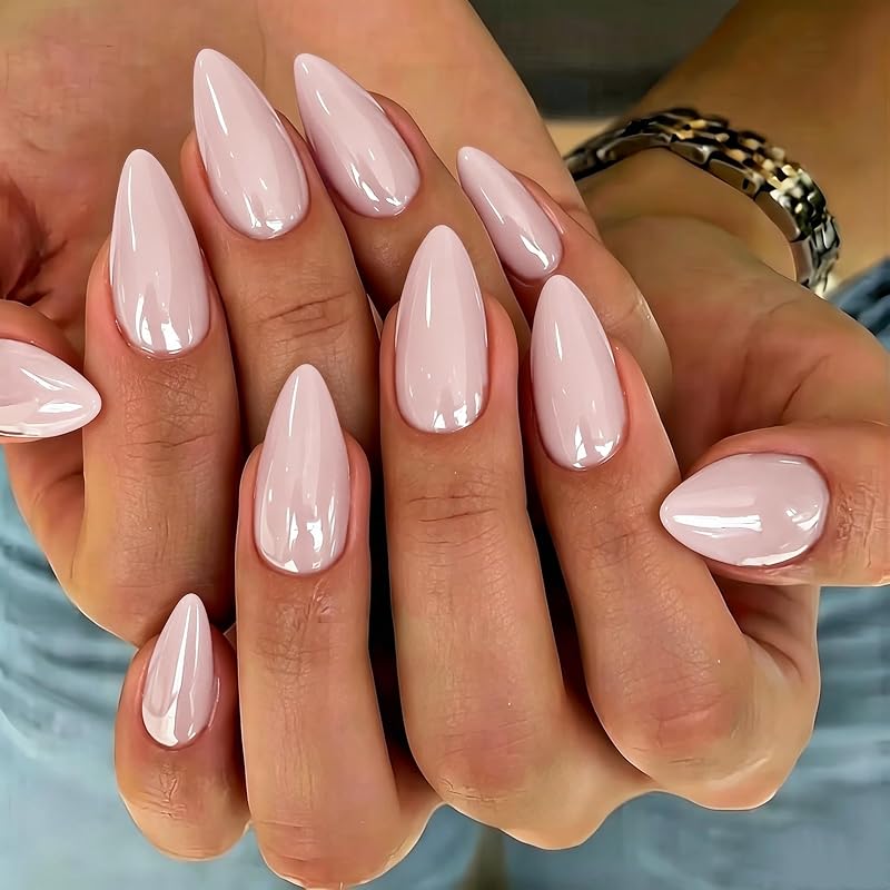KQueenest Press On Nails Almond - Chrome Press On Nails Medium, Opaque Neutral Pastel Pink Fake Nails with a Glaze Finish, Thick Sparkly Pearlescent Soft Gel Glue on Nails for Women Wedding 24 Pcs