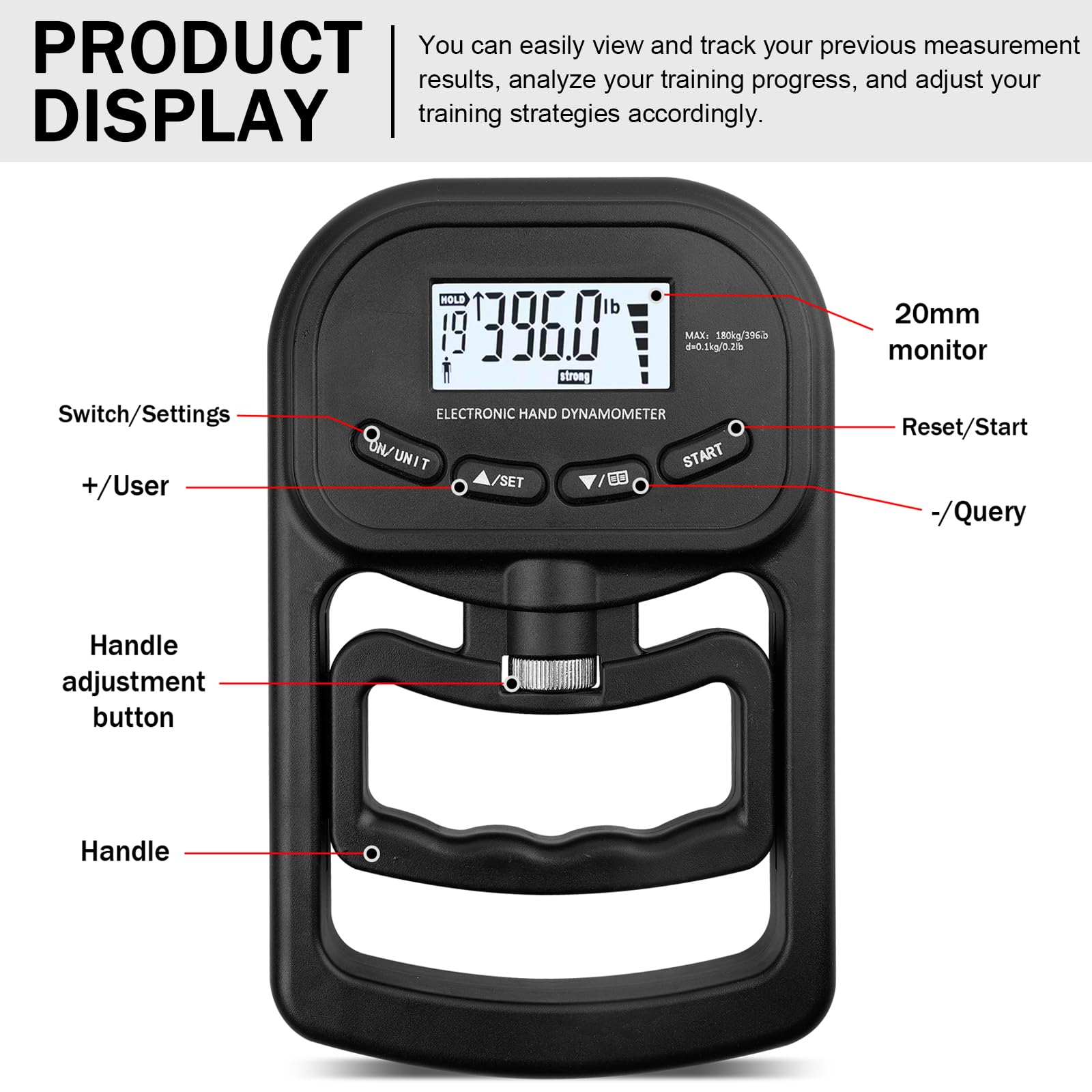 Appareil de force portatif numérique : dynamomètre manuel 180 kg, compteur de force de préhension électronique, écran LED, entraînement de force avec câble de charge USB, appareil de force de