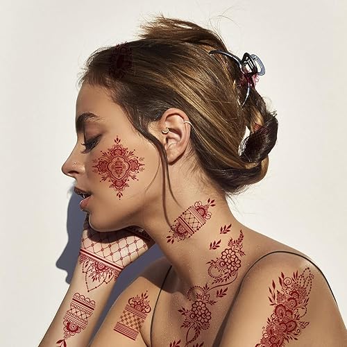 8 Sheets Temporary Tattoo Stickers Red Exquisite Totem Lace Flower Pattern Women Girls Face Arm Legs Body Decorations Art Long Lasting Stickers