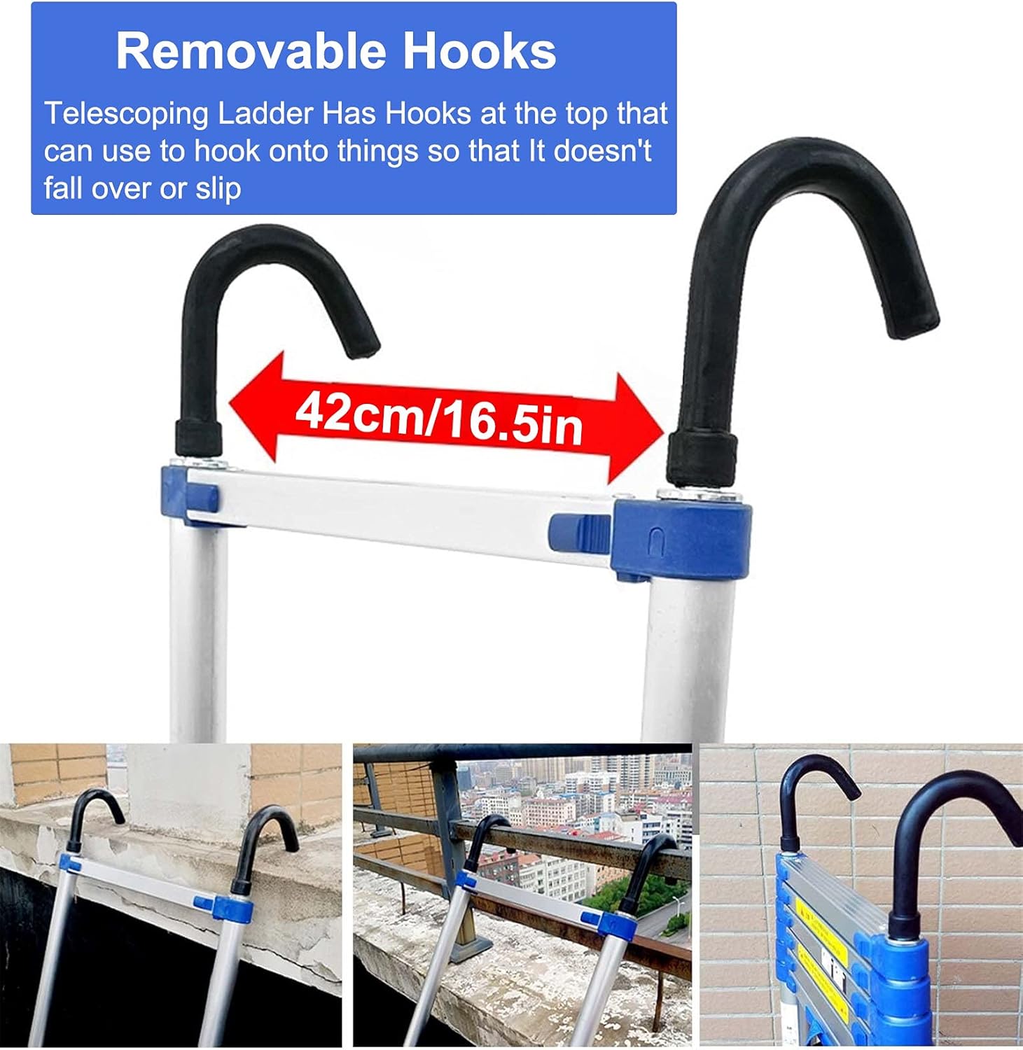 8m 7m 6.2m 6m 5m 4.7m 4m 3.8m 3.2m 2.6m Telescoping Ladder with Hooks, Aluminum Telescopic Extension Ladders for Roofing Business, Household, RV Outdoor Work Use (Color : Blue, Size : 2.1m