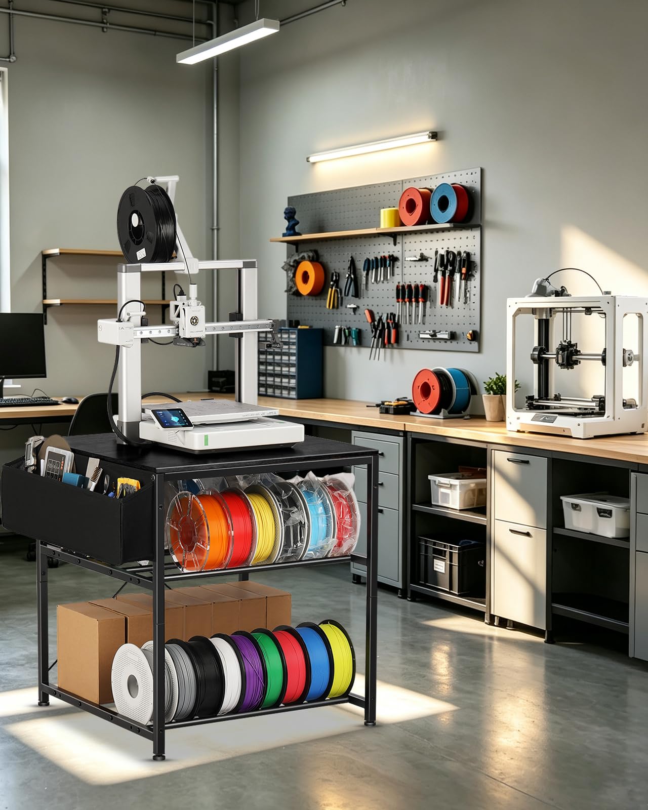 AHOWPD Soporte para impresora 3D con almacenamiento de filamentos, mesa de impresora 3D, estante de almacenamiento de filamentos, escritorio de carrito 3D resistente con ruedas para taller, estudio