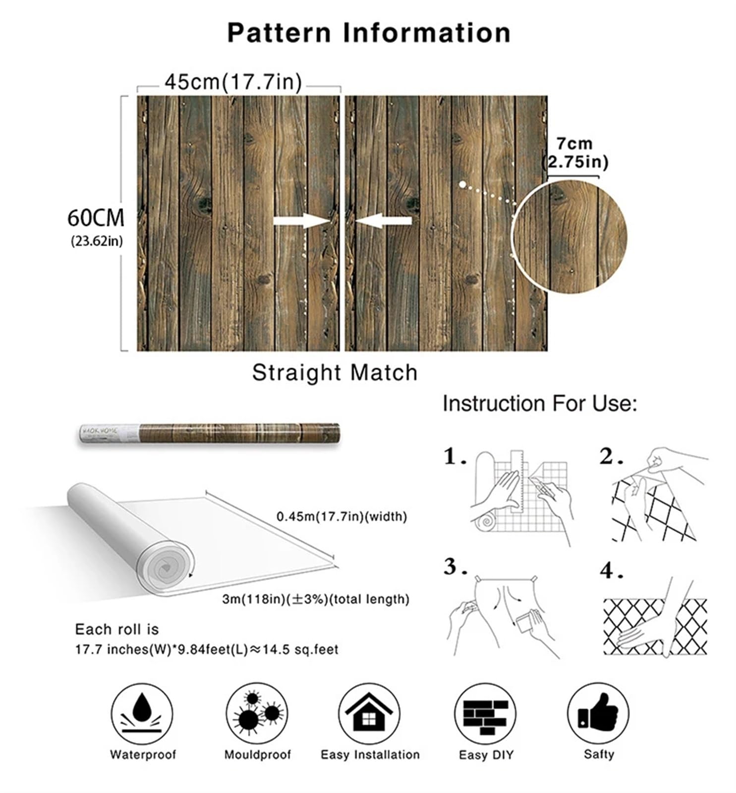 Carta da parati Rotolo di carta da parati in vinile impermeabile in legno autoadesivo, contatto decorativa for porte, armadi, scrivania, mobili moderni, adesivo decorativo per Decor(90063,45cm x 6m)