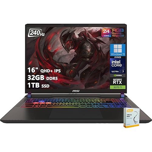 msi Vector 16 HX AI Gaming Laptop | 16" QHD+ IPS 240Hz | Intel Core Ultra 7 255HX | 32GB DDR5 1TB SSD | GeForce RTX 5070 Ti (Up to 992 AI Tops) | RGB Backlit Thunderbolt 5 Win11 Pro w/DLCA Accessory