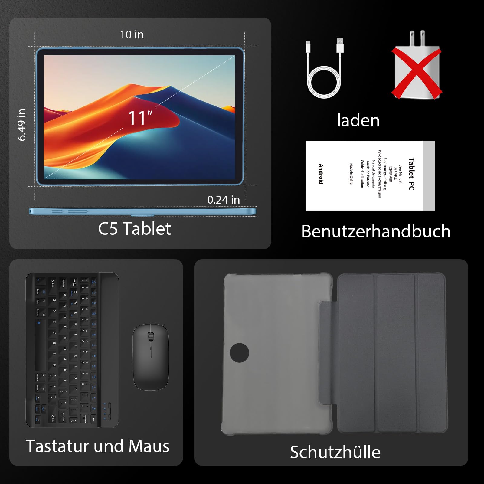 Tablette Android 16,tablette 11 pouces,32 Go + 128 Go extensible à 1 To, pack productivité avec housse clavier, stylet, processeur octa-core, double caméra, WiFi 6, batterie 8000 mAh (Bleu)