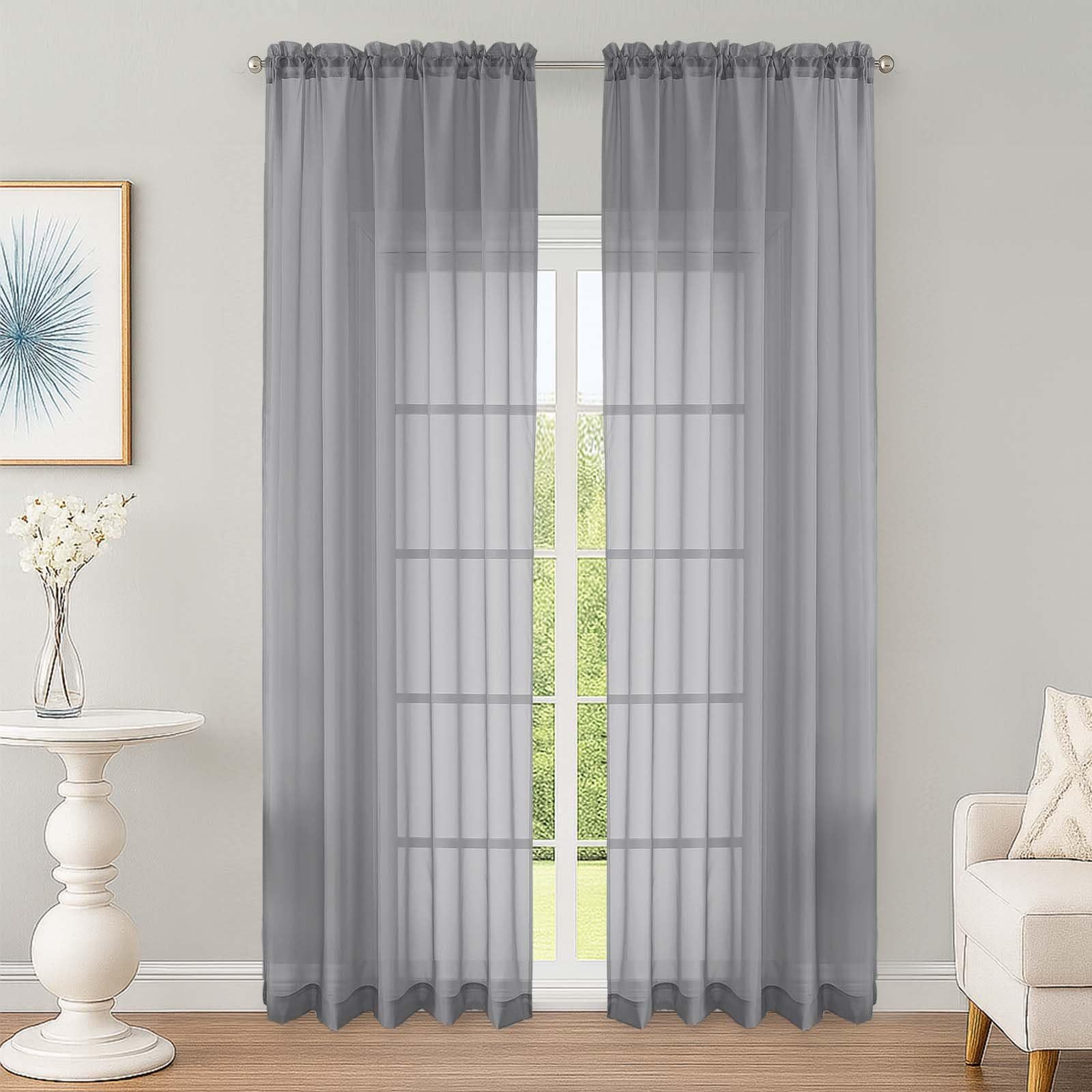 OWENIE Grey Sheer Curtains 90 inch Length 2 Panels Set, Rod Pocket Voile Fimly Sheer Drapes for Living Room/Bedroom, 2pcs, Each 52" W x 90" L