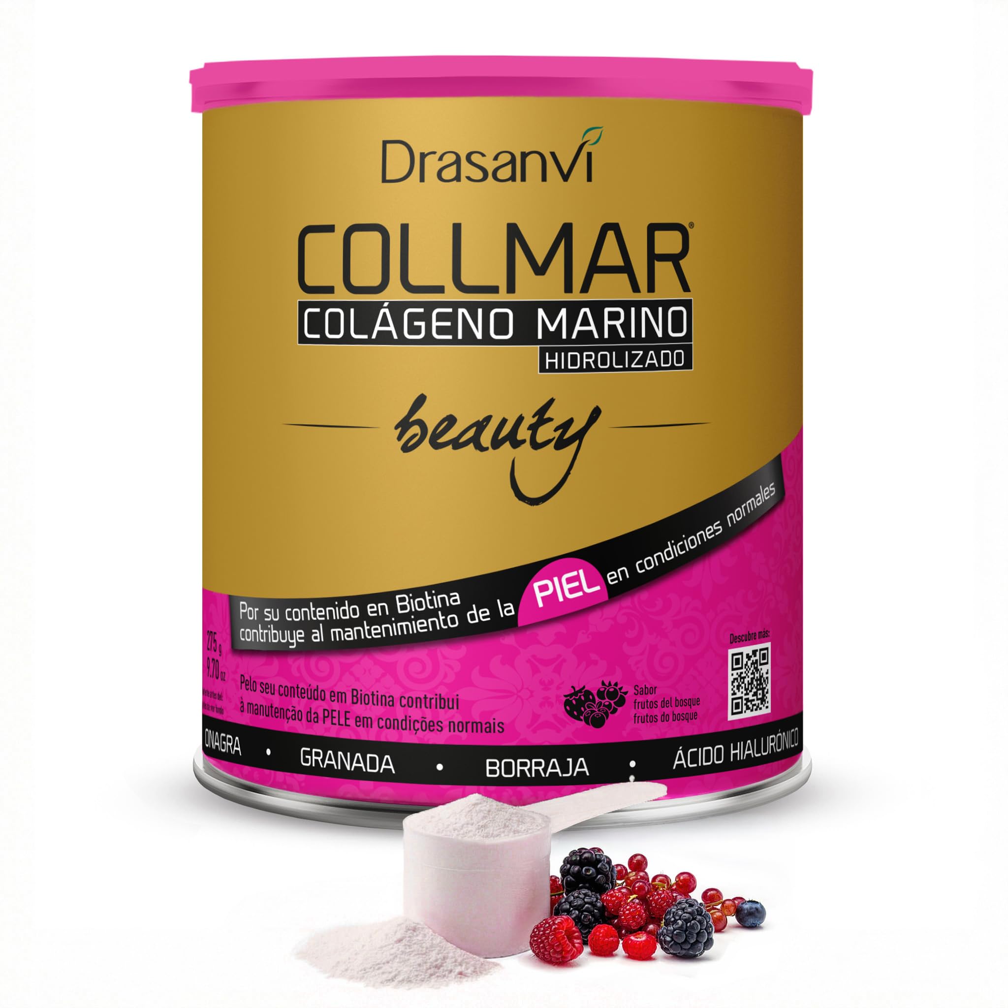DRASANVI COLLMAR BEAUTY COLAGENO MARINO PARA LA PIEL, Colageno Hidrolizado con Vitamina C Natural, Biotina y Acido Hialuronico, Piel Bonita e Hidratada, Sabor Frutos del Bosque, 275 GR