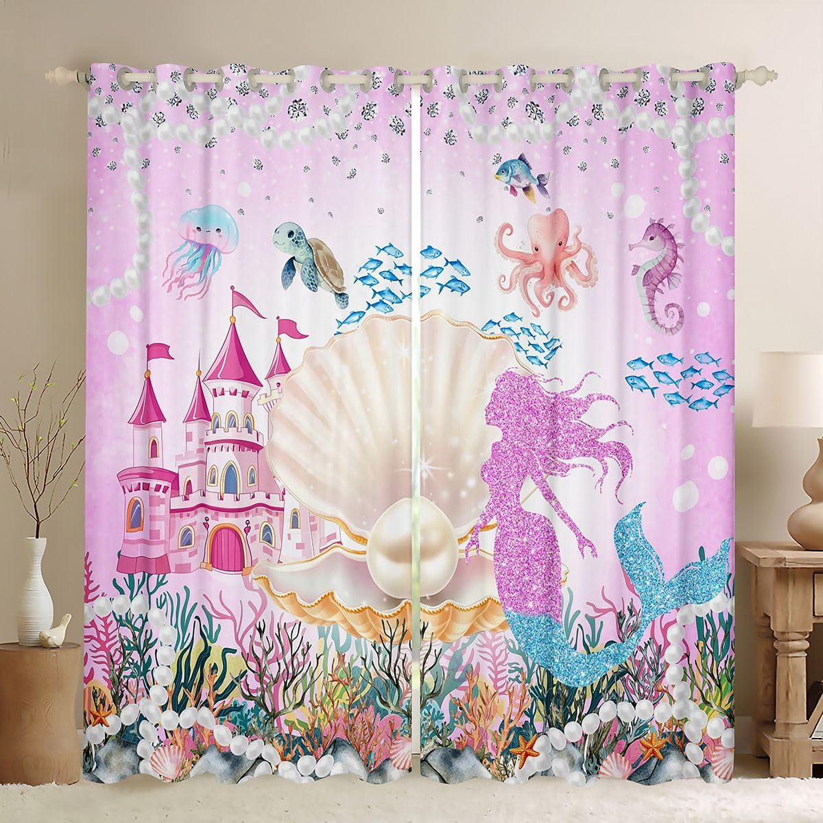 Cortinas de oscurecimiento infantiles con sirenas y medusas para tratamiento de ventana