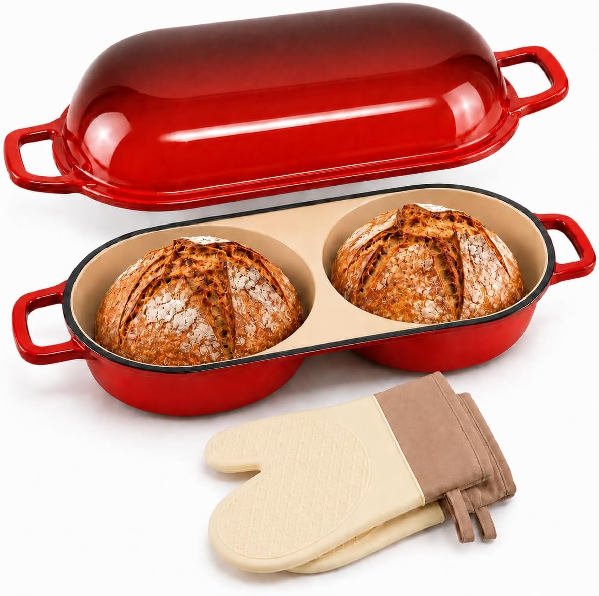 Mini Double Dutch Oven for Sourdough Bread Baking, Enameled Cast Iron Dutch Oven Pot with Lid and Oven Gloves, Dual Loaf Bread Pan, 500°F Oven Safe, Nonstick Easy Clean Bread Baker Red