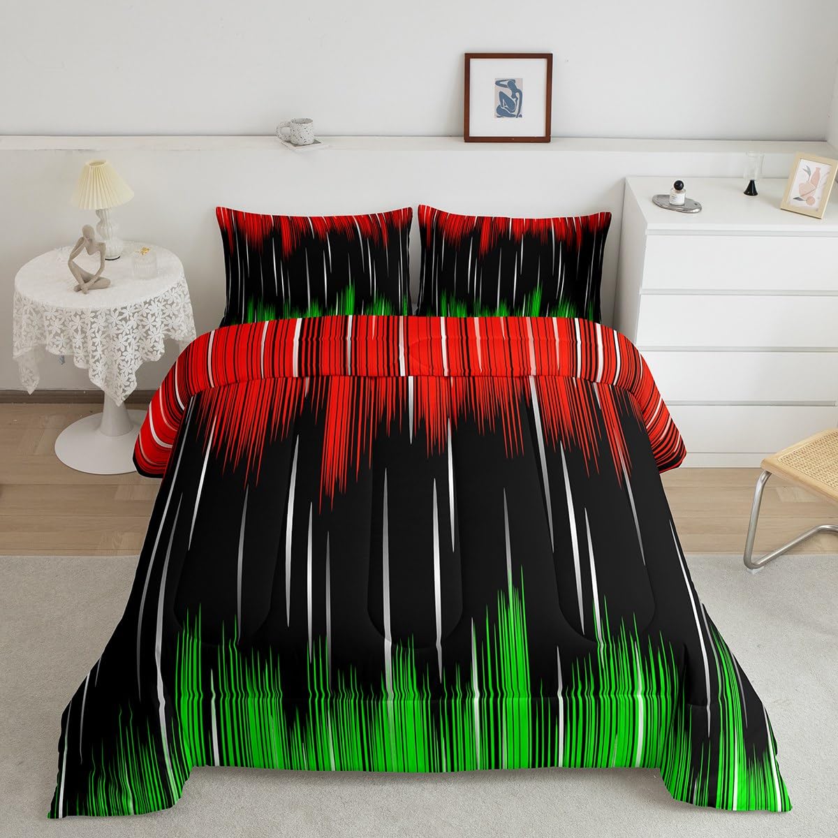 Feelyou Ombre Red Green Black Bedding Set Boys Girls Twin Size Modern Reversible Comforter Set for Kids Ultra Soft Abstract Art Comforter Gradient