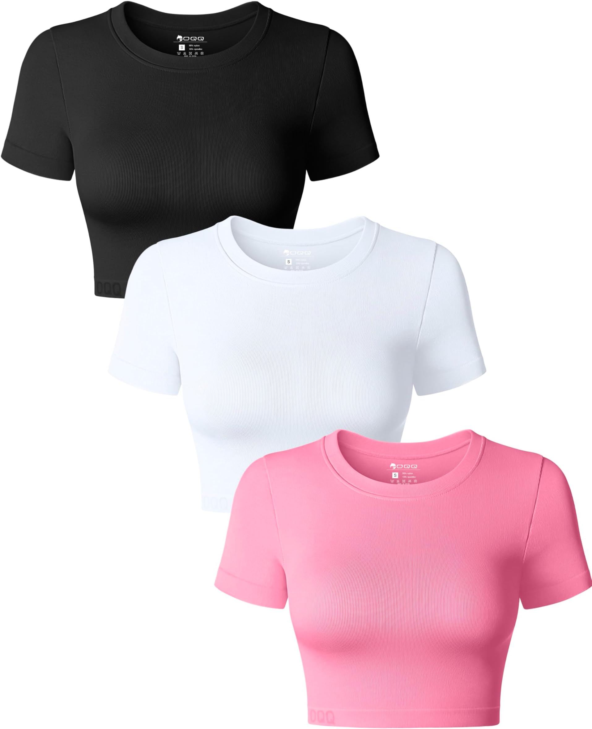 OQQWomen's 3 Piece Crop Tops Crew Neck Shorts Sleeve Stretch Fitted Shirts Crop Tops