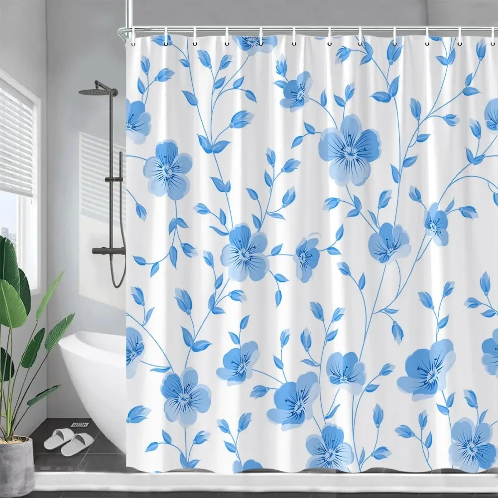 Rideau de douche fleurs bleues en polyester imperméable 125x200cm pour salle de bain