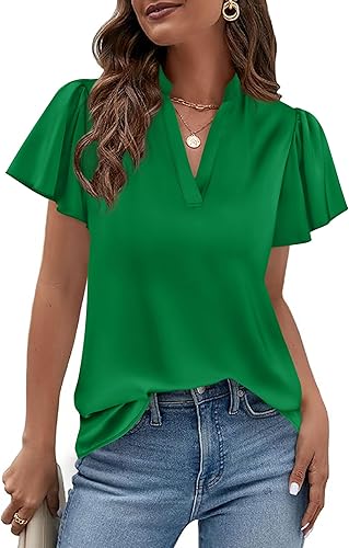 PRETTYGARDEN Women's 2026 Summer Satin Blouses Dressy Casual Ruffle Cap Sleeve V Neck Business Work Cute Tops Spring Outfits (Green,Large)