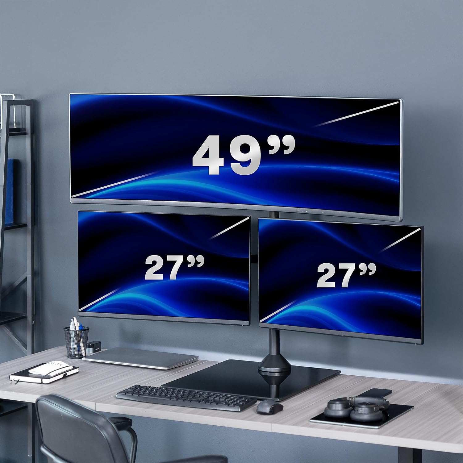 VIVO Triple Monitor Extra Tall Desk Stand for up to 49 inch Ultrawides on Center Bracket and 27 inch Screens on Side Brackets, Holds up to 44 lbs, Tempered Glass Base, Black, STAND-V103T-GB image 4