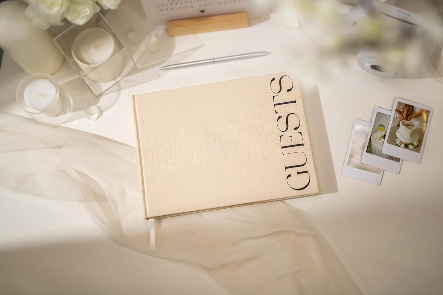 Cream Guest Book with Black Sticker Sheets for Photos - 9.5 x 7 Real Linen Hardcover Guestbook for Wedding Ceremony Reception Signin, to Add Polaroid & Write Messages