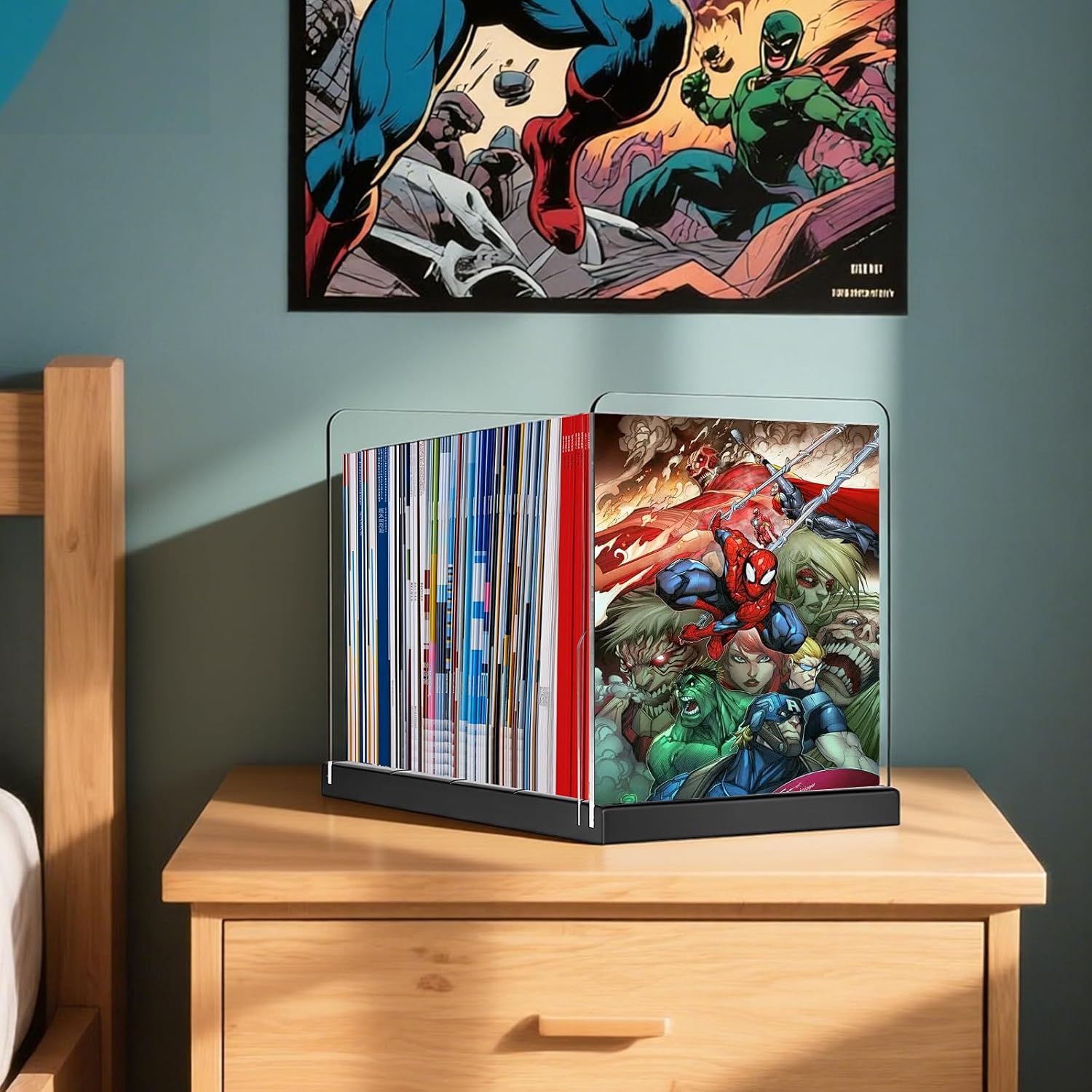 Comic Book Storage Holder，Wood Comic Book Case with three acrylic dividers，Acrylic Comics Book Box，Bin & Organizer，Stores Up To 150 Comics (Black)