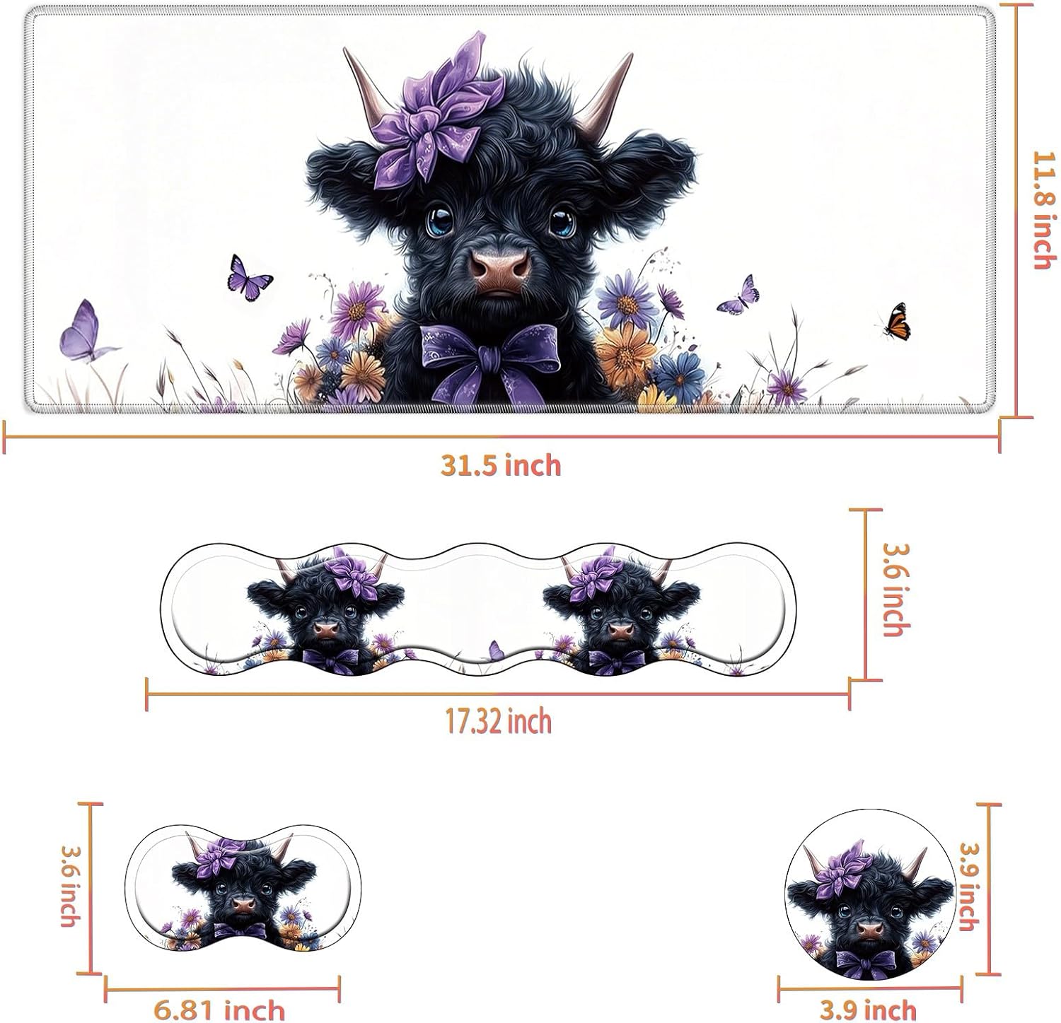 Desk Mat Large Gaming Mouse pad Set 31.5x11.8 inch [4in1Mousepad + Keyboard Wrist Rest+Mouse Wrist Rest+Coaster ] with Ergonomic Desk Pad for Home Office Table Computer - Cute Highland Cow Baby
