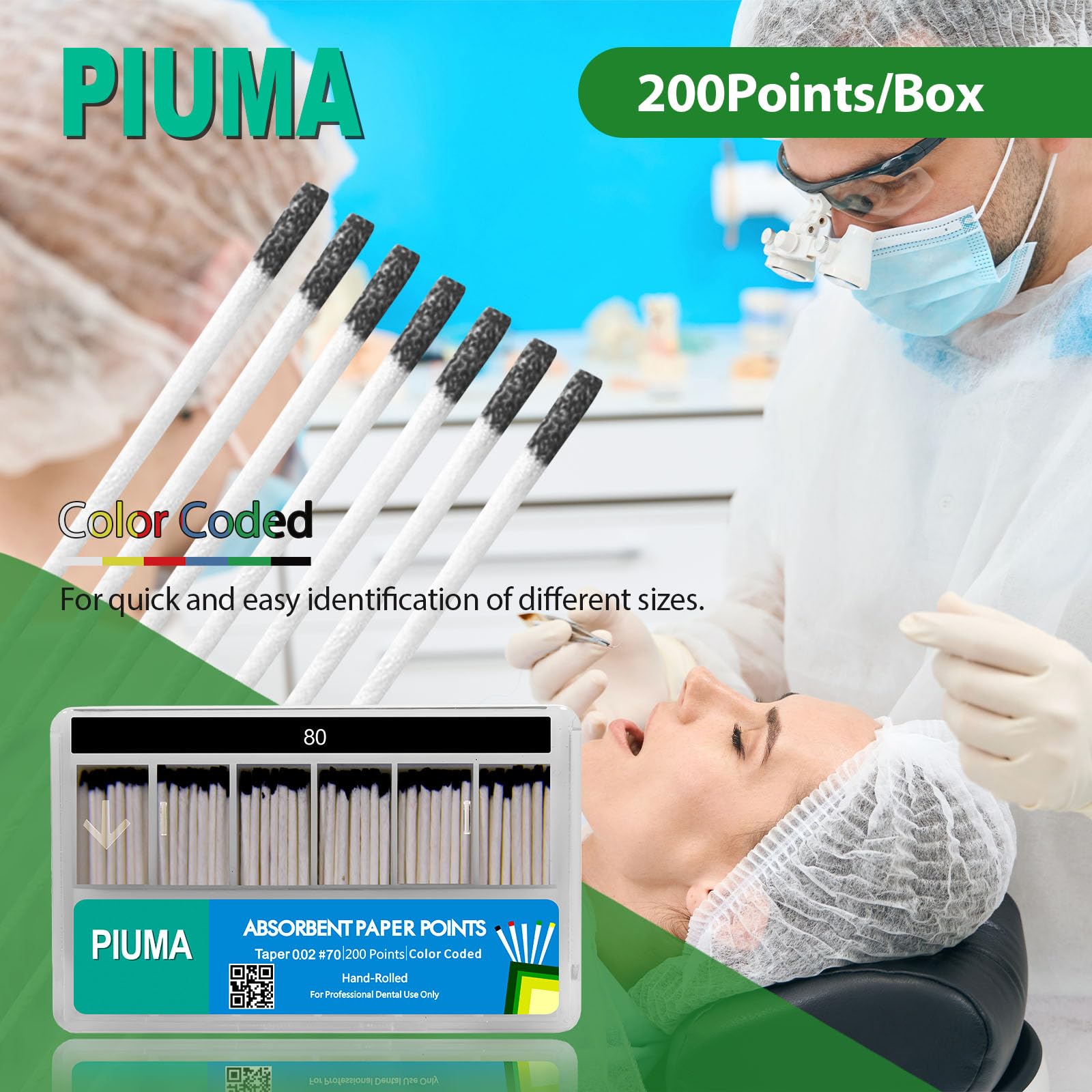 200 Stück #80 Dental/Medical Grade Piuma saugfähige Papierpunkte, verschiedene Größen, Tapper für endodontische Endodontie, steril, gemischte Größen