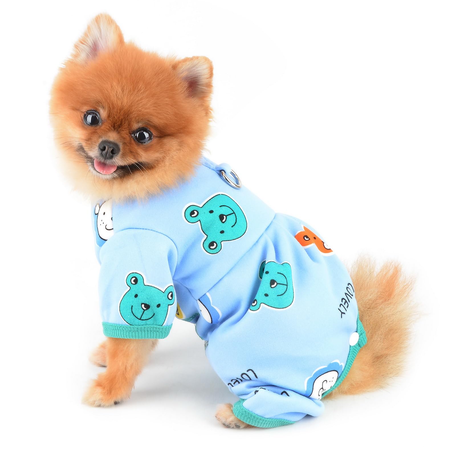 PAIDEFUL Small Dog Fleece Pajamas Pjs Stretchy Soft Doggie Pyjamas with Cute Bear Pet Jumpsuit Puppy Autumn Winter Outfits Warm Chihuahua Clothes Cats Costume D-ring,Blue,XS - Image 4