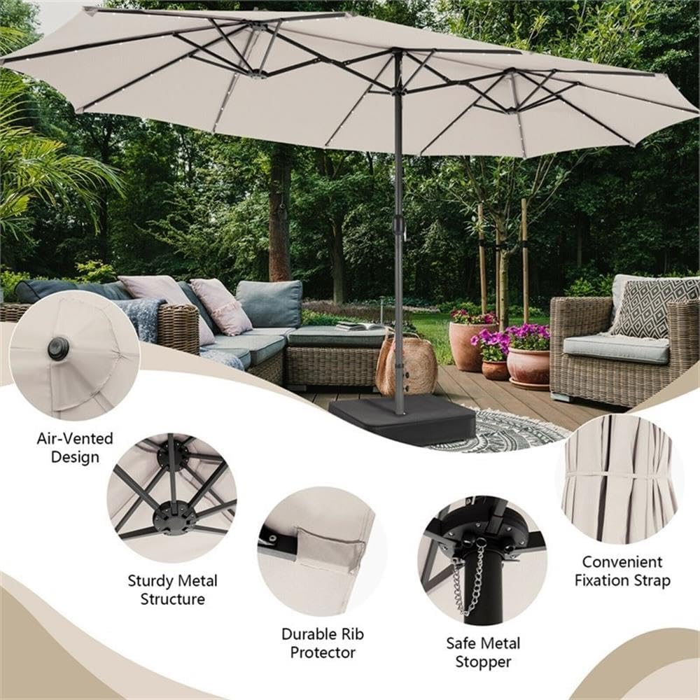 Pemberly Row Outdoor 15FT Double-Sided Patio Umbrella, Beige Vented Polyester Canopy, Solar-Powered 48 LED Lights, Sturdy 12-Rib Metal Frame, Hand-Crank Mechanism, Garden or Poolside Use
