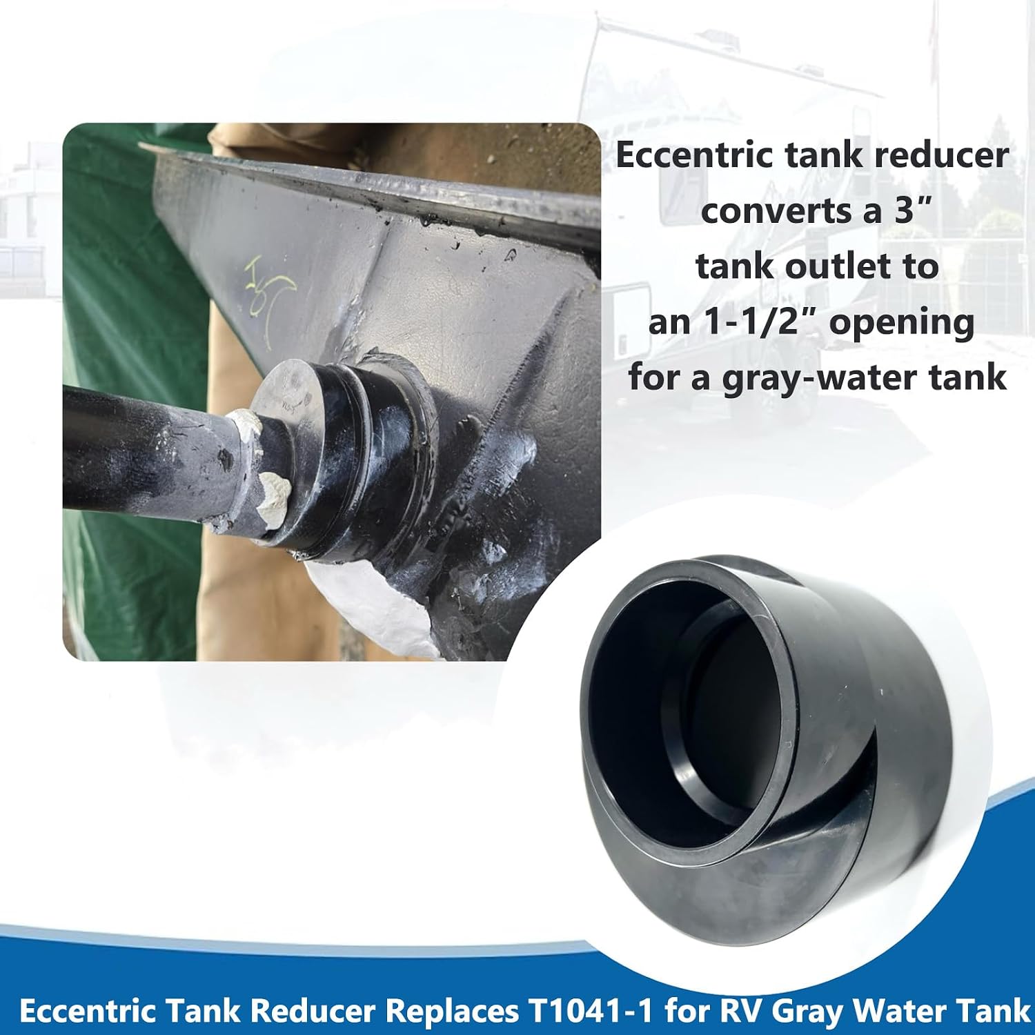 1 PC Eccentric Tank Reducer, 3" Spigot x 1-1/2" Hub, T1041-1 RV Sewer Hose Fitting Adapter for Gray Water Tanks