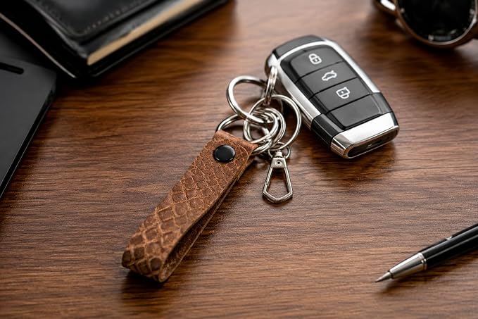 Crocodile Embossed Brown Leather Keychain with Silver Rings and Metal Hook | Luxury Genuine leather key ring for men