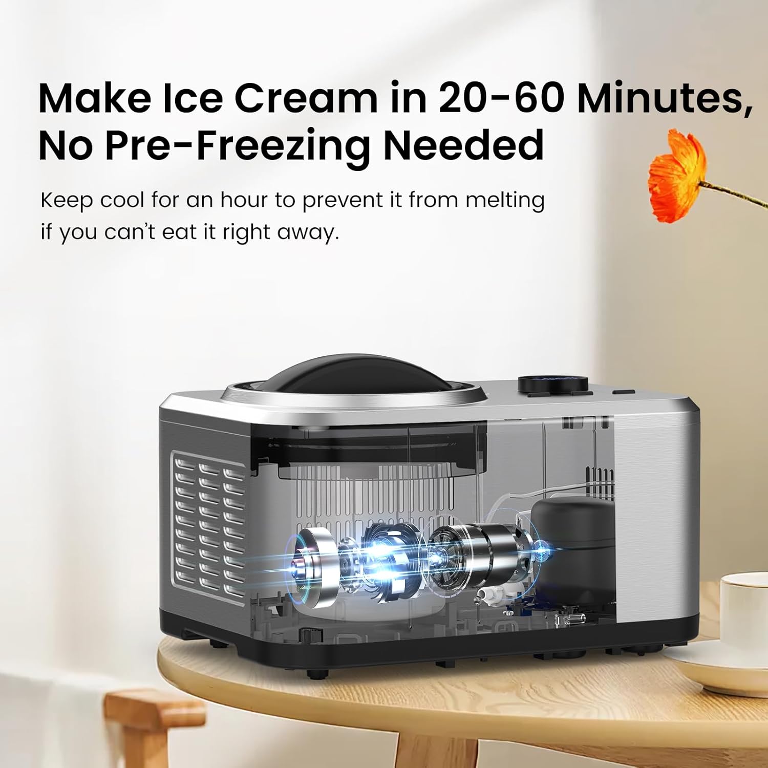 COWSAR 1.6 Quart Ice Cream Maker Machine with Built-in Compressor, Fully Automatic and No Pre-freezing, Frozen Yogurt, Keep-cooling and Timer, Stainless Steel