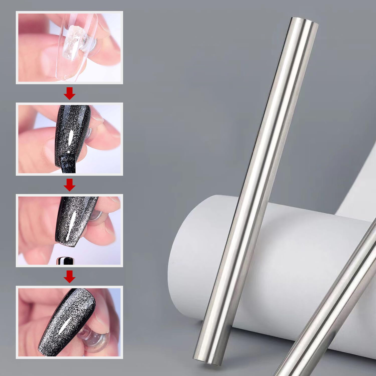 WOKOTO 2Pcs Silver Big Cylinder Nail Magnet For Cat Eye Nails Magnet Pens Nail Art Tools Ombre Gradient Design Nail Art Cat Eye Magnet Sticks For Women Nails Cat Eye Polish Magnet Pens Set