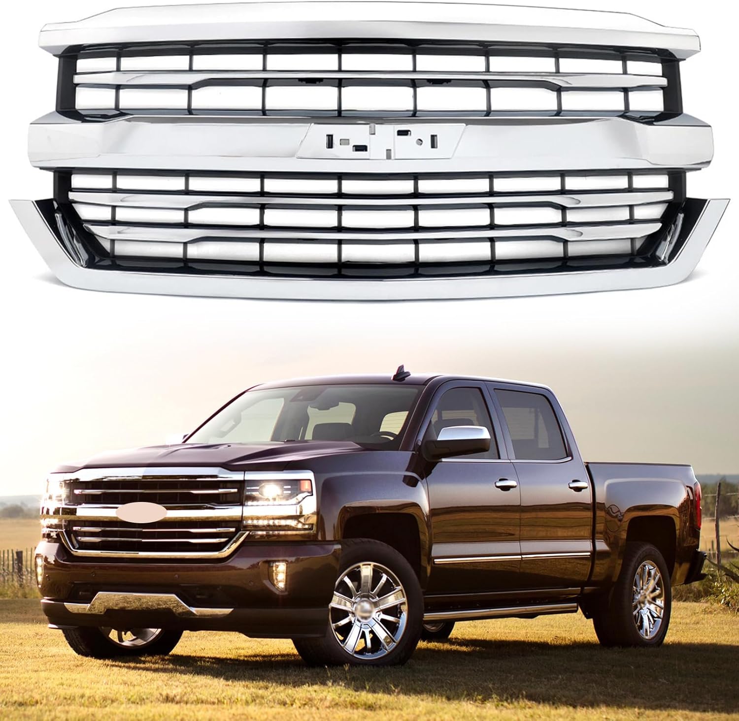 Front Bumper Upper Grille Grill Fit For 2016 2017 2018 Chevrolet Silverado 1500 Replacement for 84134045,84602489 (Black base + Chrome Frame)