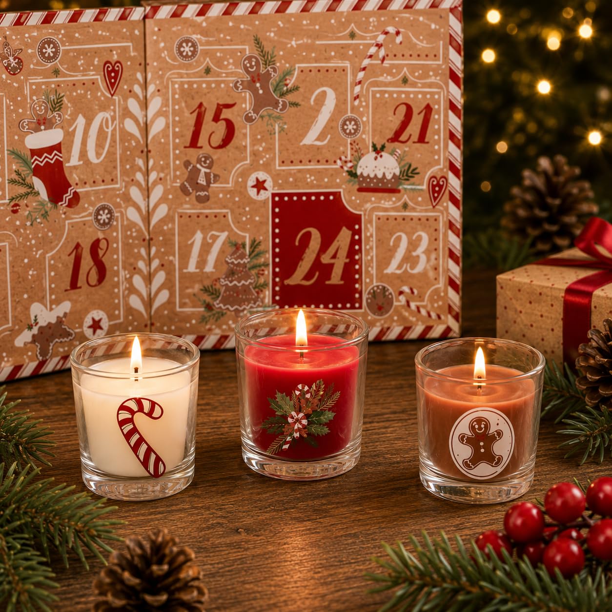 Luxuriöser Adventskalender mit 24 Duftkerzen – Aufklappbarer Weihnachts-Adventskalender für Erwachsene – Adventskalender mit Kerzen – Rot