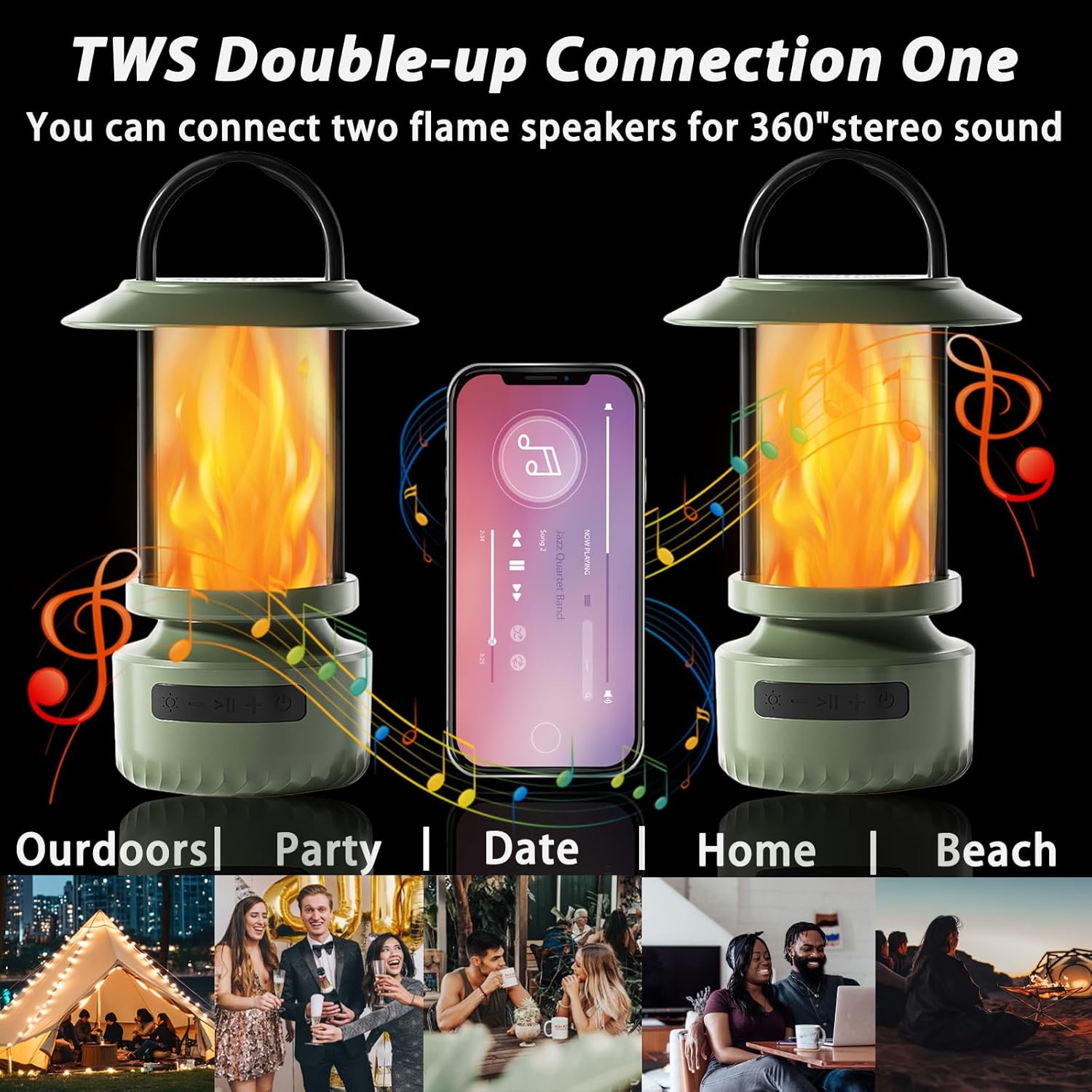Swingers Outdoor Bluetooth Speakers with Flickering Flame, Portable Bluetooth Speaker Lights Waterproof, Outdoor Speaker for Patios, Porches, Gardens, Backyards, Camping, Green (2 Pack) - Image 4