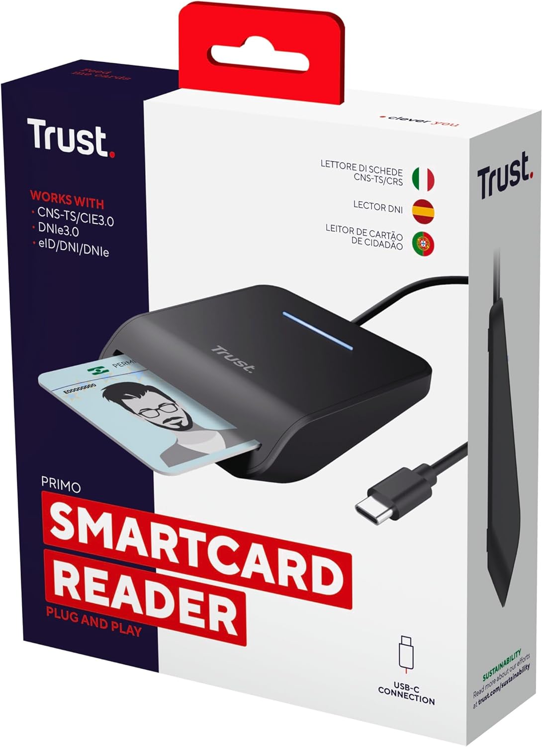 Trust Primo USB-C Smart ID Card Reader DNI, FIPS 201 / TAA and ISO 7816 Class A/B/C Compliant, 100cm Cable, Secure Login, USB Card Reader Compatible with Windows/Mac, Personal Identification