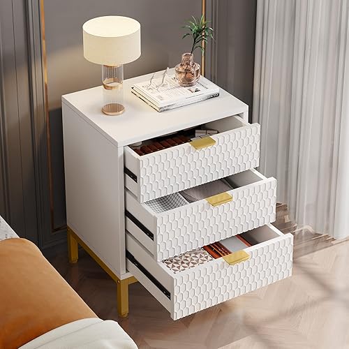 Miniatura 5 de LITTLE TREE Mesita de noche moderna con 3 cajones, color blanco dorado, mesa auxiliar con almacenamiento para dormitorio, sala de estar Blanco y