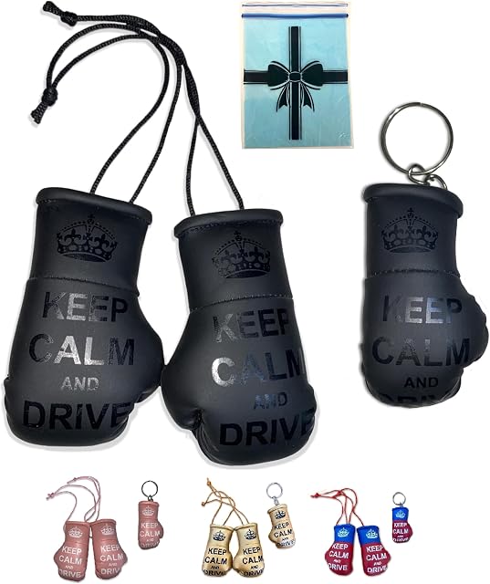 SPEED FROG Keep Calm Car accessories for men interior mens driving gifts for him, Car hanging Mirror Mini Boxing Gloves & Keyring Gift SET, fun decorations just passed driving test new car (Black)
