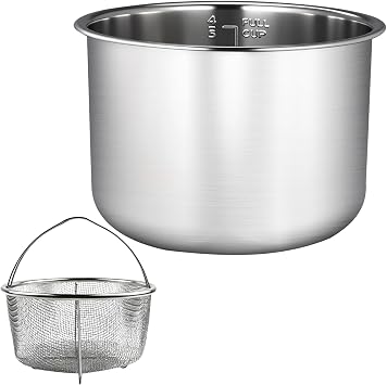 6 Quart Stainless Steel Inner Pot, Compatible with Instant Pot 6 Quart Certain Models, 0 coating, Includes 1 6 QT Inner Pot and 1 Steamer Basket..Not Compatible With CrockPot.